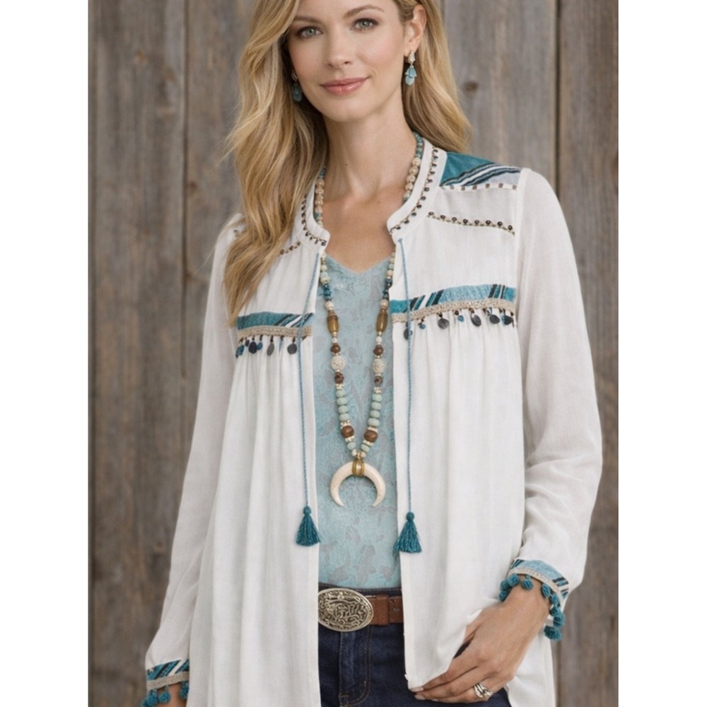 Chico's Tassel Tie Jacket Embroidered Beaded Western Size 3 US 16